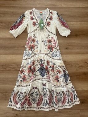 FARM RIO SMALL Boho Ivory Maxi Dress with Red & Blue Paisley print